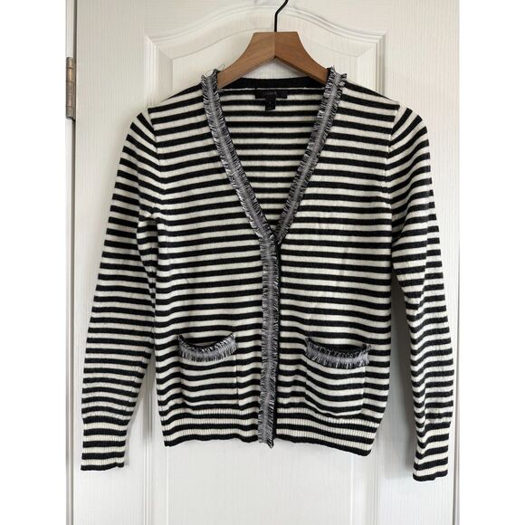 J Crew Button Up Cardigan Sweater Gray White Stripe Wool Fray Trim Women's S - Picture 1 of 11